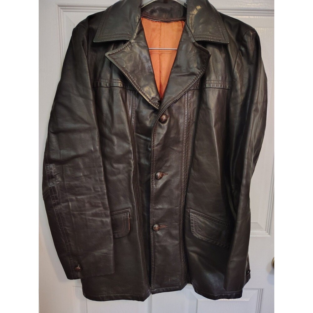Vintage Mens Brown Leather Overcoat Button Front Notch Collar Lined Pockets 36